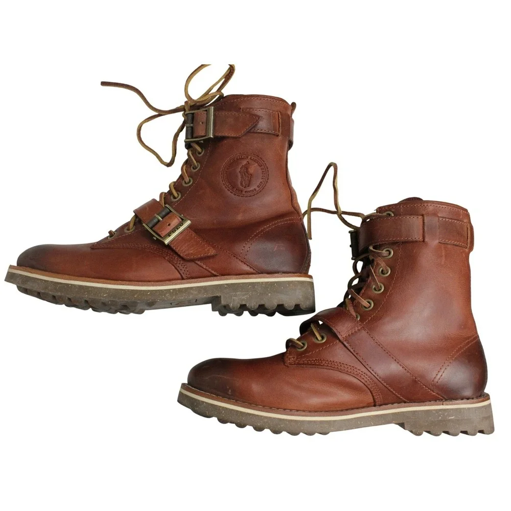 Polo Ralph Lauren Maurice Leather Harness Boots Mens 9D Brown Lace Up Moto